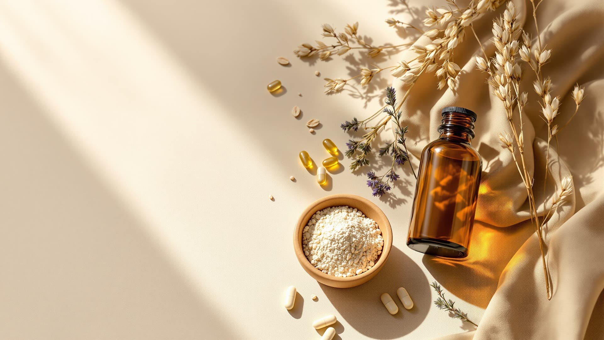 Natural supplement ingredients arranged on a warm linen surface with amber bottles, dried herbs, and capsules