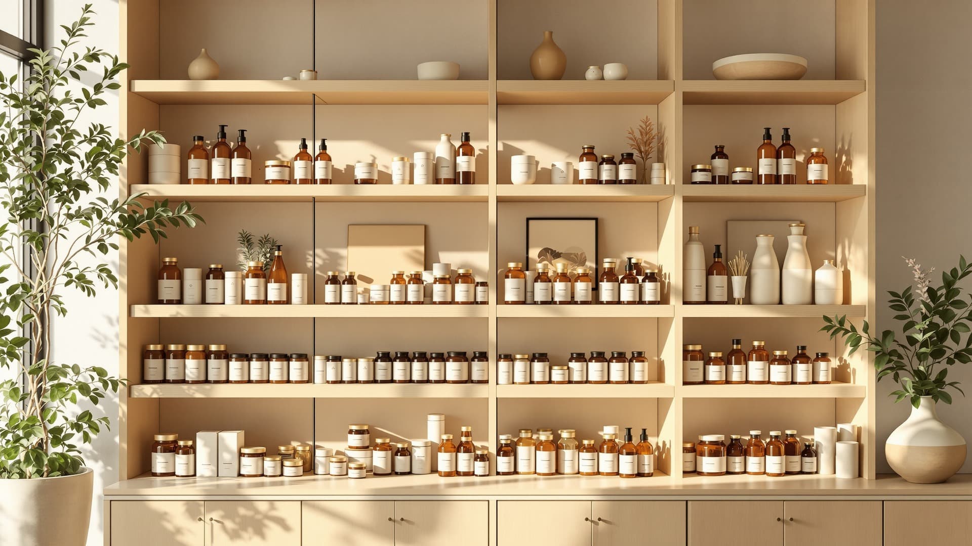 Neatly organised supplement display showing categorised products on light wooden shelves